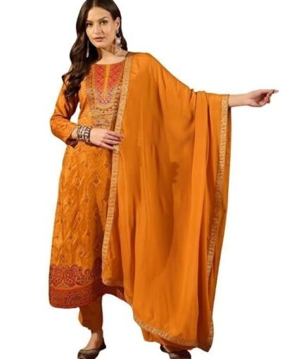 Women's Mustard Silk Ikat Straight Woven Kurta Pant With Dupatta Set | Straight Kurta Set For Women | Woven Salwar Suit For Women