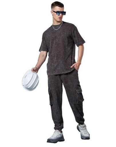 Heavy Duty 1.0 Men's Self Design Oversized Fit Half Sleeve Round Neck Terry Acid Wash Co-Ordinates T-Shirt