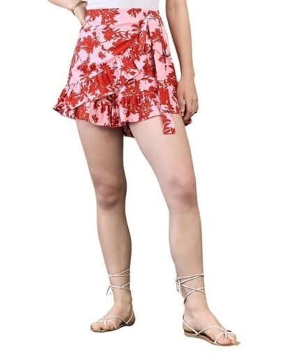 Women Floral Printed High-Rise Waist Tie-Up Ruffled Wrap Mini Skirts