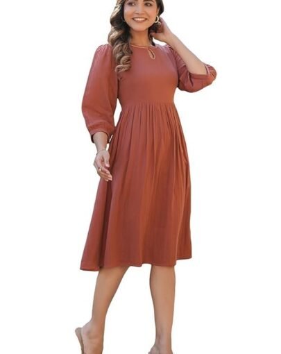 Women's Rust Orange Pure Cotton Solid Fit & Flare Dress