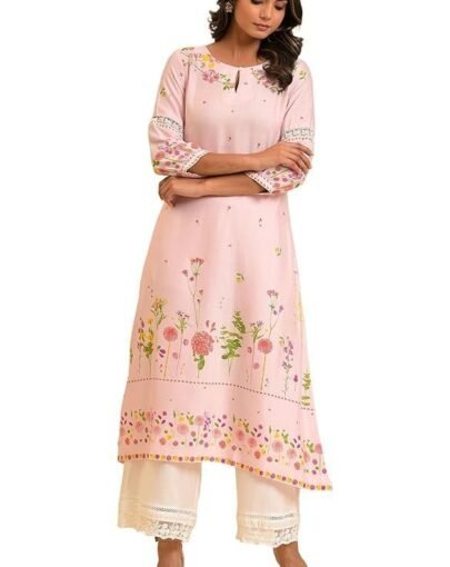 Woman Light Pink Floral Printed Summer Kurta