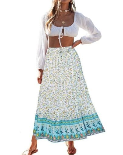 Women's 2023 Bohemian Floral Printed Elastic Waist A Line Maxi Skirt with Pockets, Lake Blue, Small