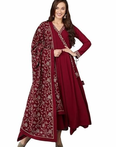 Women's Georgette Embroidered Flared Angrakha Pant With Dupatta With Inner