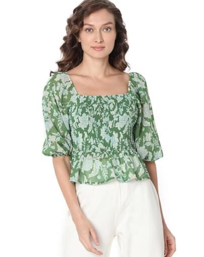 Floral Printed Puff Sleeve Cinched Waist Crop Top