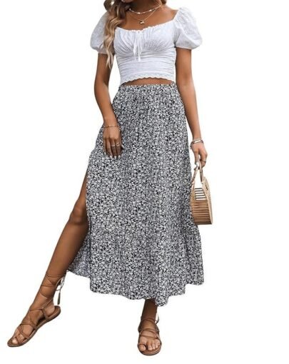 Rocks Women's Casual High Waist Floral Print Skirt Split Thigh A Line Maxi Skirts